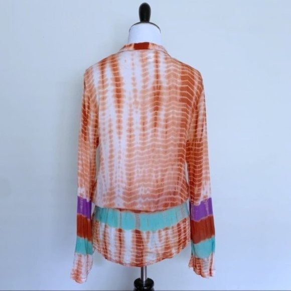 Monique Leshman Tie Dyed Orange Purple Aqua Boho Drawstring Tunic Medium - Picture 5 of 10
